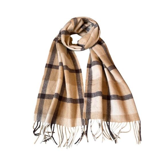 Phenix Cashmere Beige & Brown Plaid Scarf - Picture 1 of 4